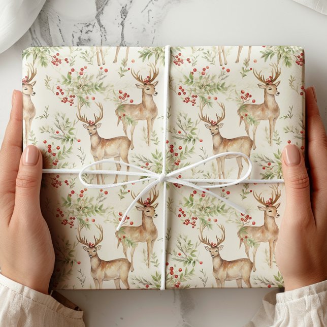 Papel De Presente Watercolor Deer Winter Greenery (Criador carregado)