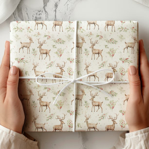 Papel De Presente Watercolor Deer Winter Greenery