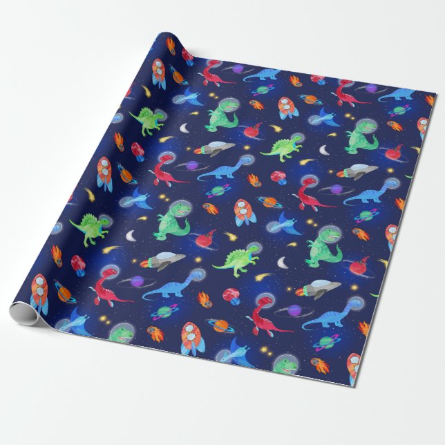 Papel De Presente Watercolor Dinosaur Astronauts In Space Blue (Desenrolado)