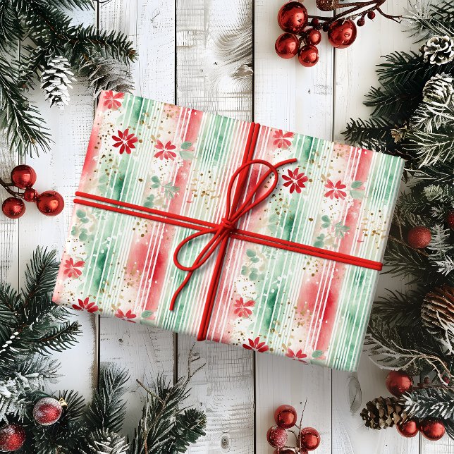 Papel De Presente Watercolor Floral Striped Holiday (Criador carregado)
