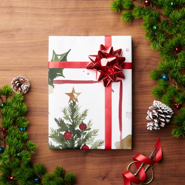 Papel De Presente Watercolor Holly Berries Christmas Tree Holiday (Presente de Natal)