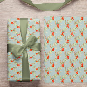 Papel De Presente Watercolor Holly e Berries Blue MInt Natal