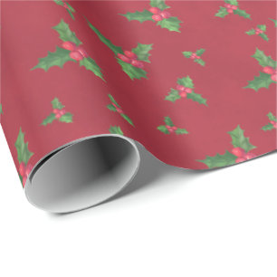 Papel De Presente Watercolor Holly e Berries no Natal Vermelho