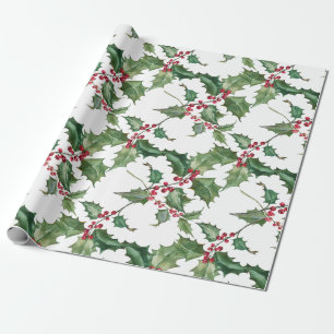 Papel De Presente Watercolor Holly e Red Berries