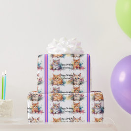 Papel De Presente Watercolor Kittens Nome da Criança Aniversário Pre