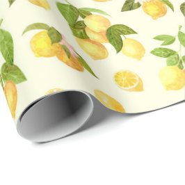 Papel De Presente Watercolor Lemon Branches with Blossoms Pattern