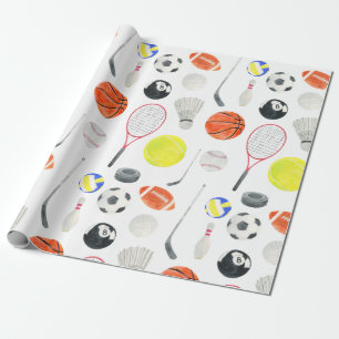 Papel De Presente Watercolor Multi Sport Patterets Balls Rackets Gol