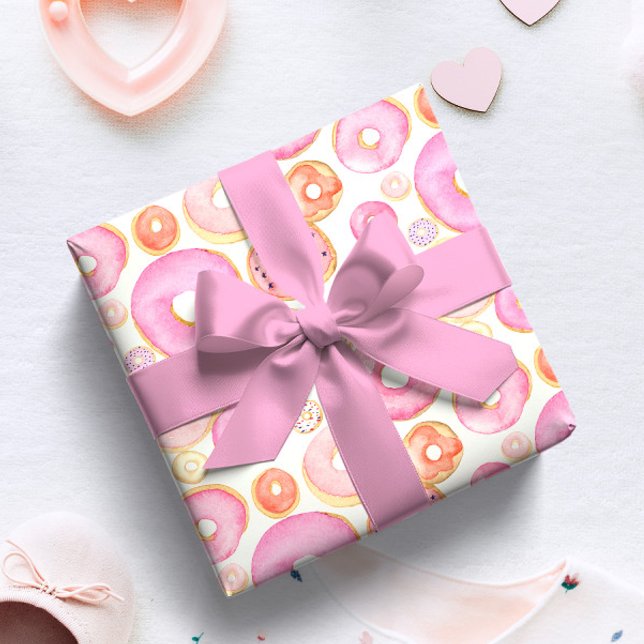 Papel De Presente Watercolor Pink Doughnuts Baby Girl Shower (Criador carregado)