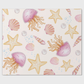 Papel De Presente Watercolor Pink Jellyfish and Gold Starfish 