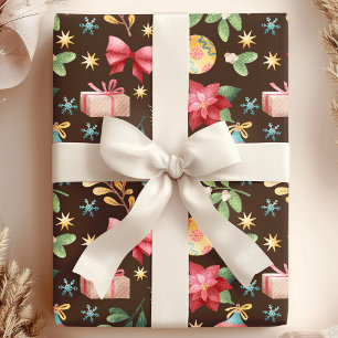 Papel De Presente Watercolor Poinsettia e MistletoChristmas