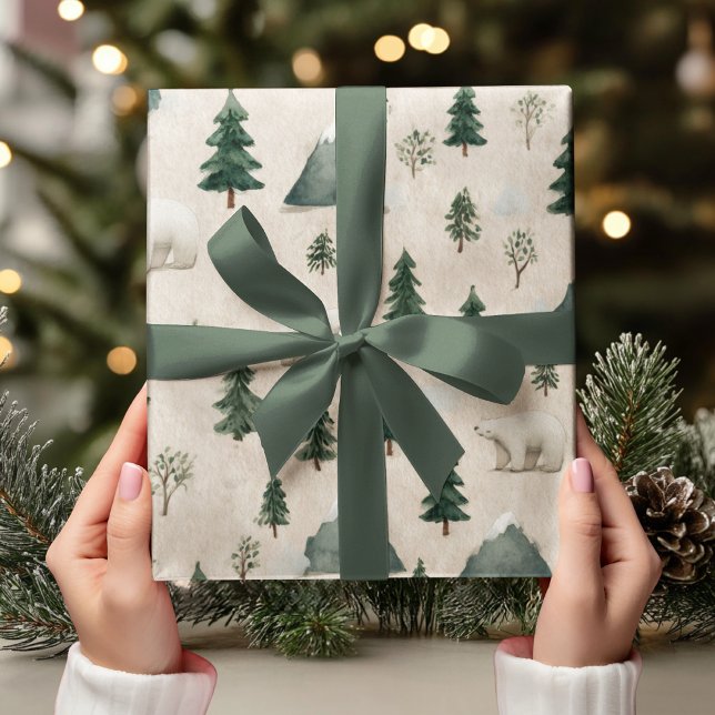 Papel De Presente Watercolor Polar Bear & Pine Tree (Criador carregado)