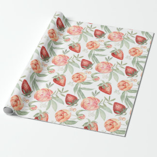 Papel De Presente Watercolor Strawberries and Garden Flowers
