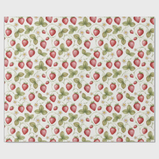 Papel De Presente Watercolor Strawberries, Flowers and Leaves