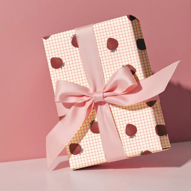 Papel De Presente Watercolor Strawberries on Pink Grid - Valentine (Criador carregado)