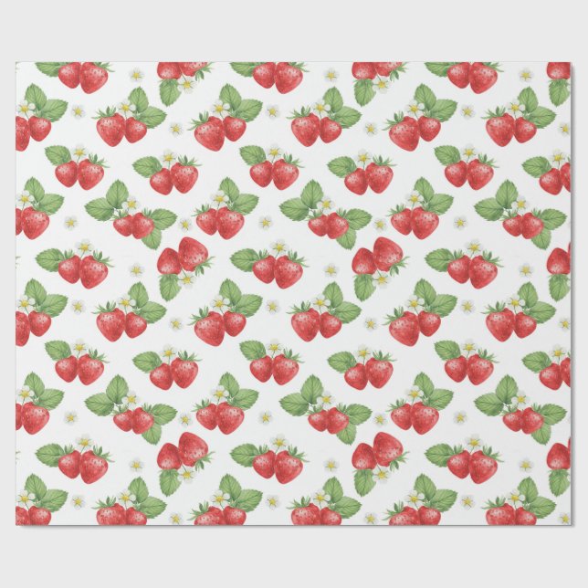 Papel De Presente Watercolor Strawberry Fruit and Flowers  (Aberto)