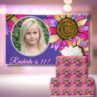 Papel De Presente Watercolor Sunflower Summer Pink & Purple