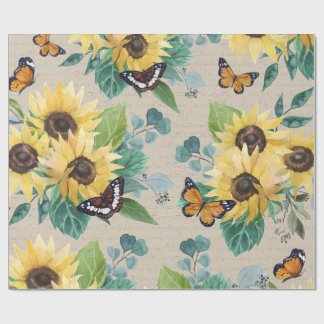 Papel De Presente Watercolor Sunflowers and Butterflies Decoupage
