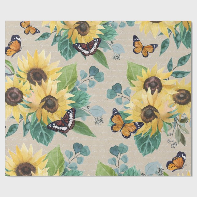 Papel De Presente Watercolor Sunflowers and Butterflies Decoupage (Aberto)