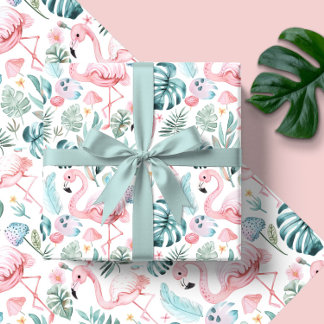 Papel De Presente Watercolor Tropical Flamingo Baby Shower