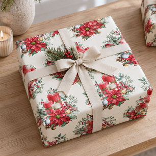 Papel De Presente Watercolor Vintage Art Red Christmas Poinsettia