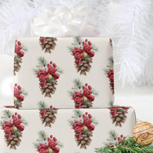 Papel De Presente Watercolor Vintage Pine Cone Red Holly Berries