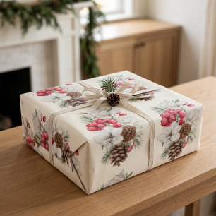 Papel De Presente Watercolor Vintage Red Berries Pine Cone Natal