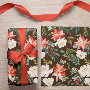 Papel De Presente Watercolor Winter Floral Holly Berry Pattern Brown