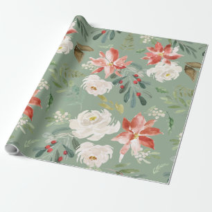 Papel De Presente Watercolor Winter Floral Holly Berry Patterno Gree