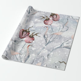 Papel De Presente Watercolor Winter Holly Berries and Snow Christmas