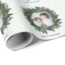 Papel De Presente Watercolor Wreath com Foto e Nome Natal