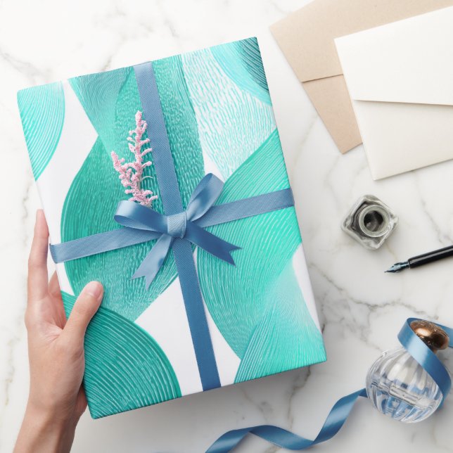 Papel De Presente Wave Teal Aqua Motion White Abstract Pattern (Presentear)