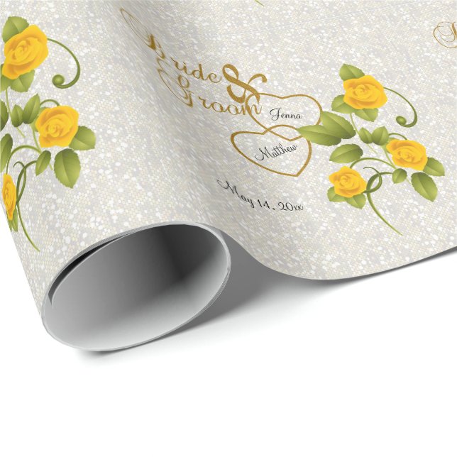 Papel De Presente Wedding com rosas amarelos & rotulação Dourado (Ponta do rolo)