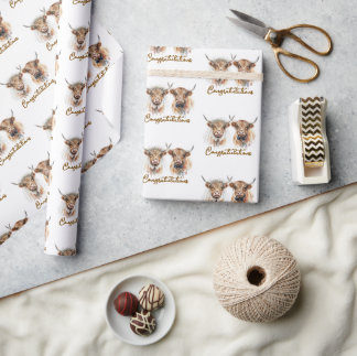 Papel De Presente Wedding Highland Cows in Watercolor