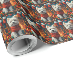Papel De Presente West Highland White Terrier com presentes de Natal