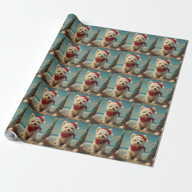 Papel De Presente West Highland White Terrier Dog Christmas Beach (Desenrolado)