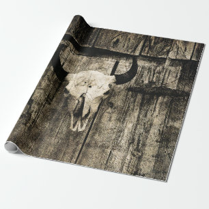 Papel De Presente Western Bull Crânio Barn Wood Vintage Sepia Russo
