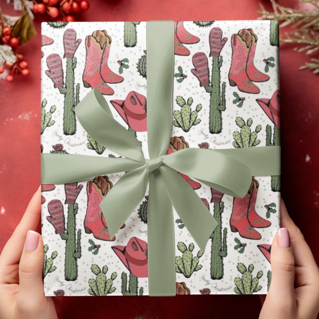 Papel De Presente Western Howdy Cowgirl (Fun Hand-Drawn Western "Howdy Christmas" Pattern. Cowboy Boots, Hats, Cactus, Holly Berries & Stars.)