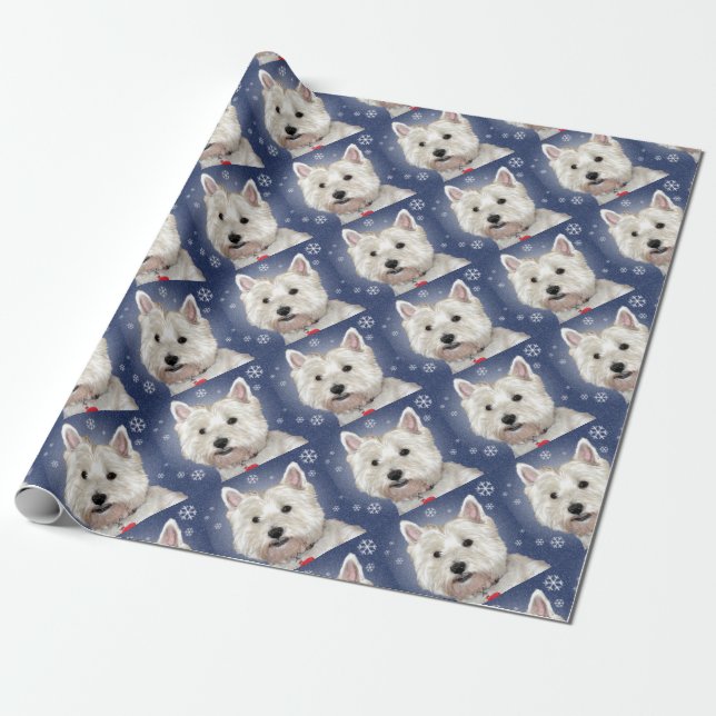 Papel De Presente Westie AZUL do NATAL (Desenrolado)
