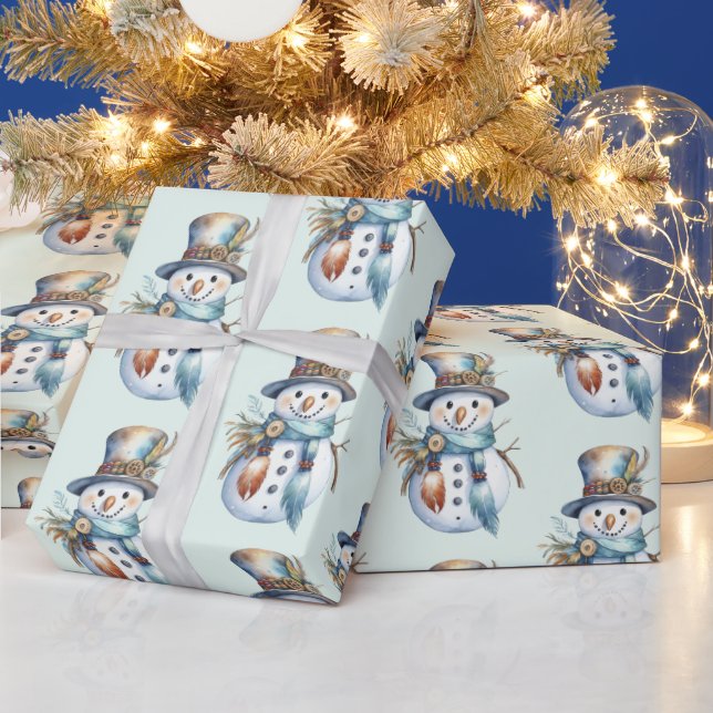 Papel De Presente Whimsc Watercolor Boho Snowman Natal (Feriados)
