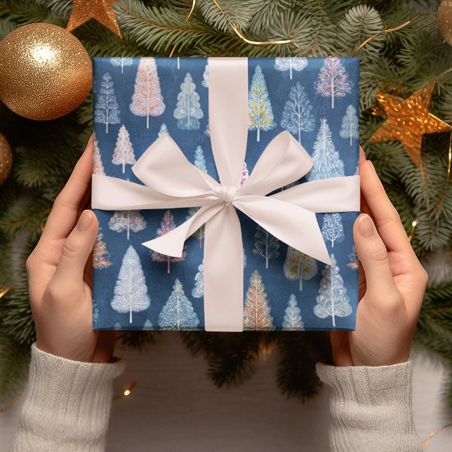 Papel De Presente Whimsical Blue Christmas Trees Wrapping Paper  (Criador carregado)