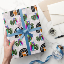 Papel De Presente Whimsical Boho Owl & Tropical Monstera Leaf