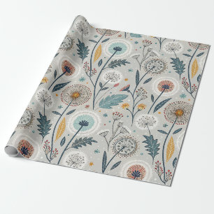 Papel De Presente Whimsical Dandelion & Floral Folk Art Seamless