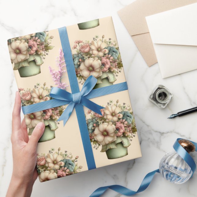 Papel De Presente Whimsical Flowers in a Planter Pot Cute Pattern (Presentear)