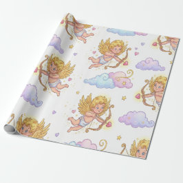 Papel De Presente Whimsical Flying Cupids in Blue Sky Fantasy