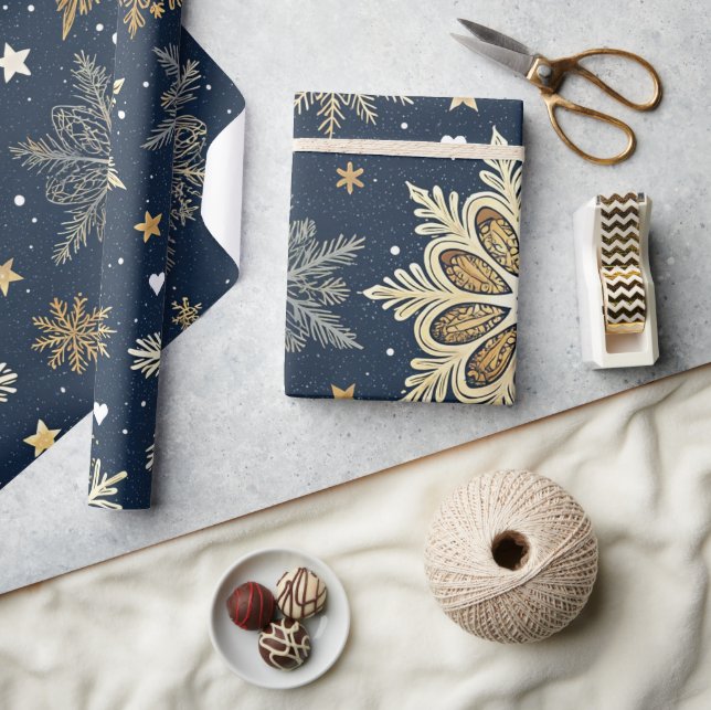Papel De Presente Whimsical Modern Navy Gold Snowflakes & Hearts (Artesanato)