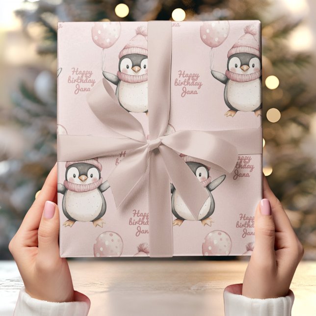Papel De Presente Whimsical Penguin Birthday | Vintage Pink (Criador carregado)