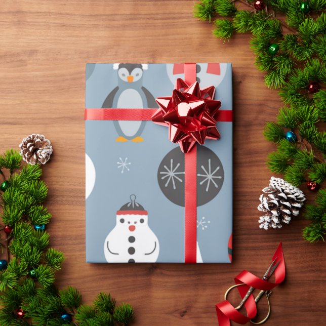 Papel De Presente Whimsical Santa and Penguin Christmas Pattern  (Presente de Natal)