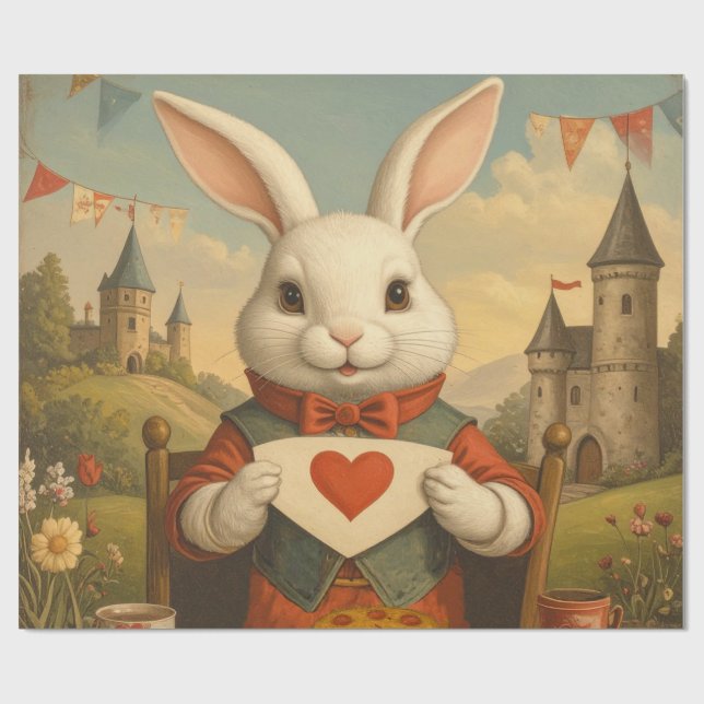 Papel De Presente Whimsical White Rabbit Hearts Enchanted Wonderland (Aberto)