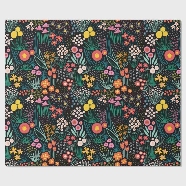 Papel De Presente Whimsical Wildflower Dark Garden Folk Print (Aberto)