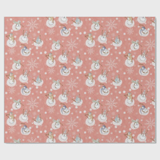 Papel De Presente Whimsical Winter Snowmen at Play Muted Coral Pink